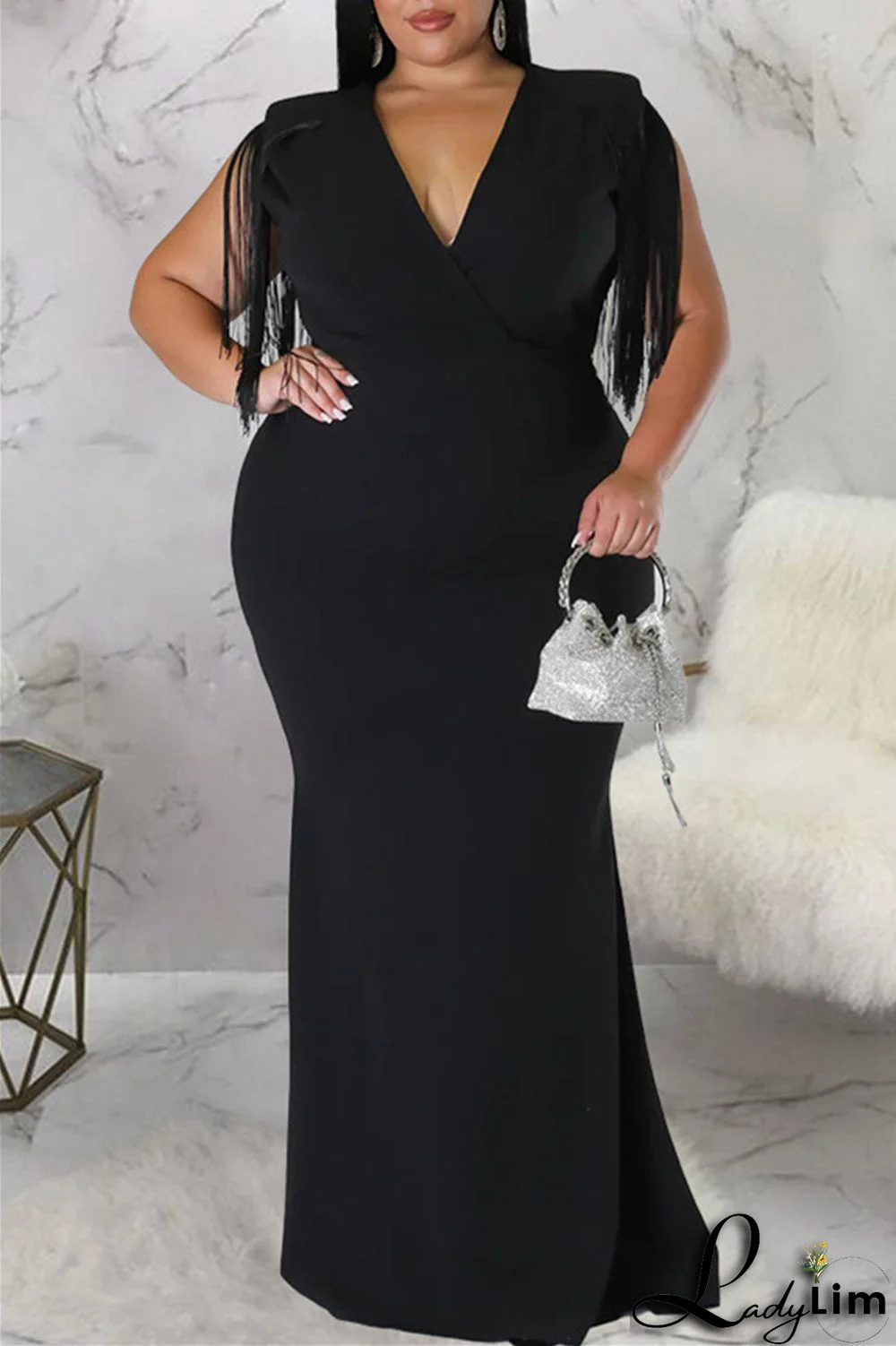 Black Fashion Casual Plus Size Solid Tassel Patchwork V Neck Long Dress