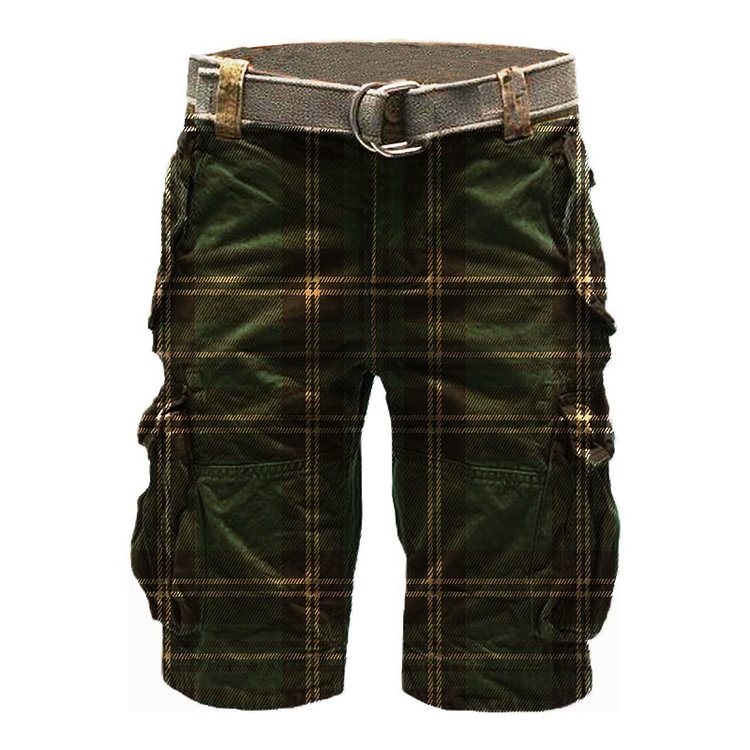 Men's Outdoor Multi Pocket Plaid Print Tactical Shorts