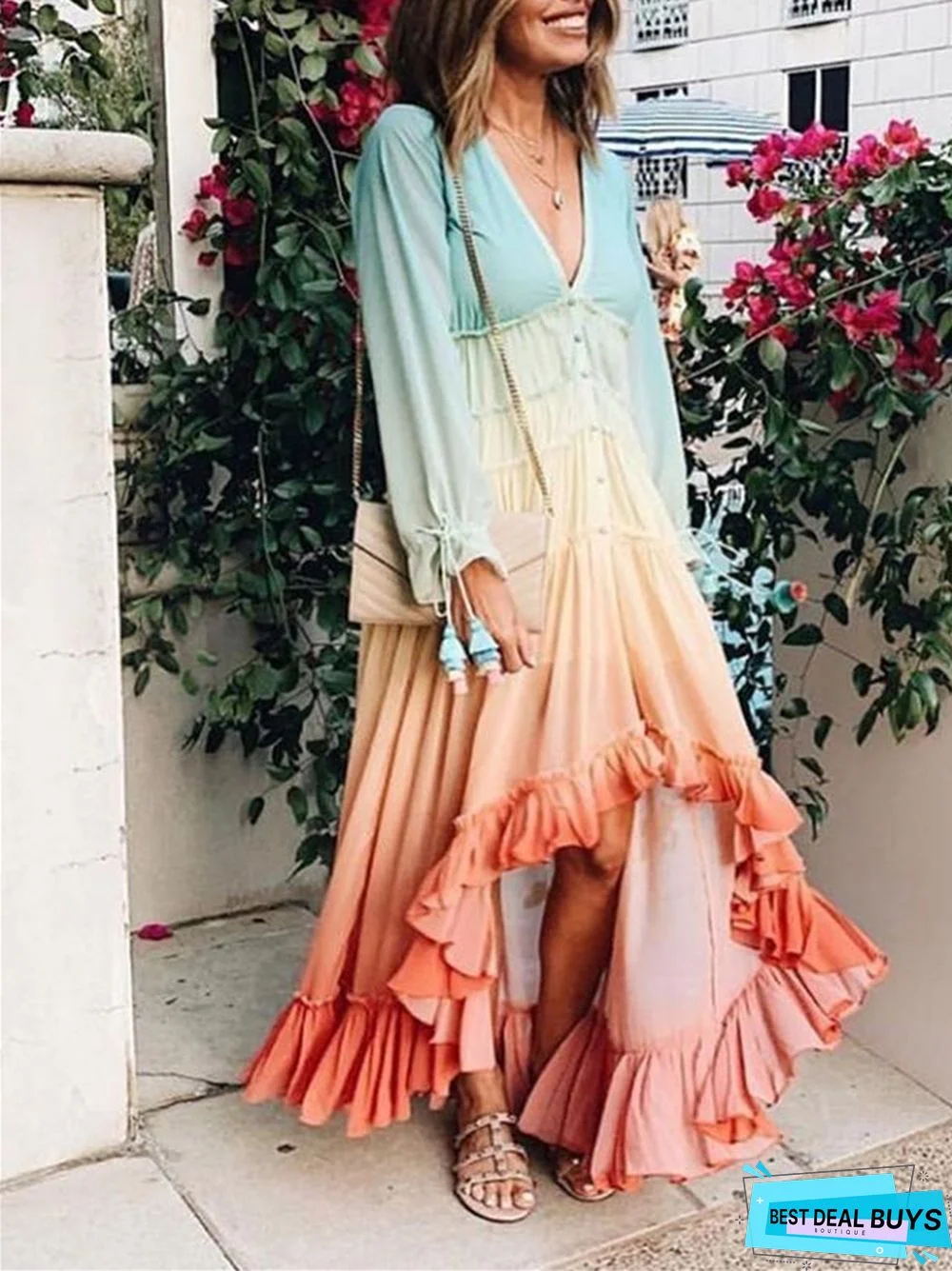 V Long Sleeve Gradual Dress Long Dress