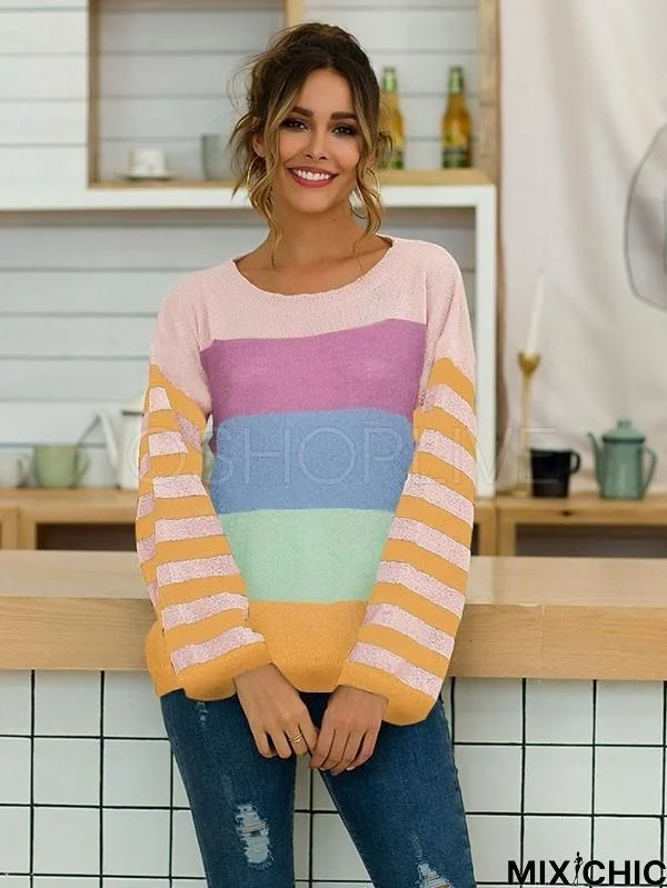 Striped Color-Block Split-Joint Knitting Sweater