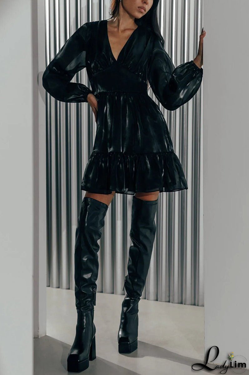 Glitter V Neck Long Sleeve Mini Dress