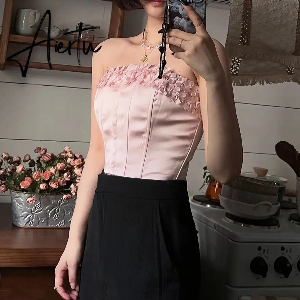 Korean Crop Top For Women Strapless Sleeveless Patchwork Crisscross Lace Up Solid Slim Vests Female Summer New Aiertu