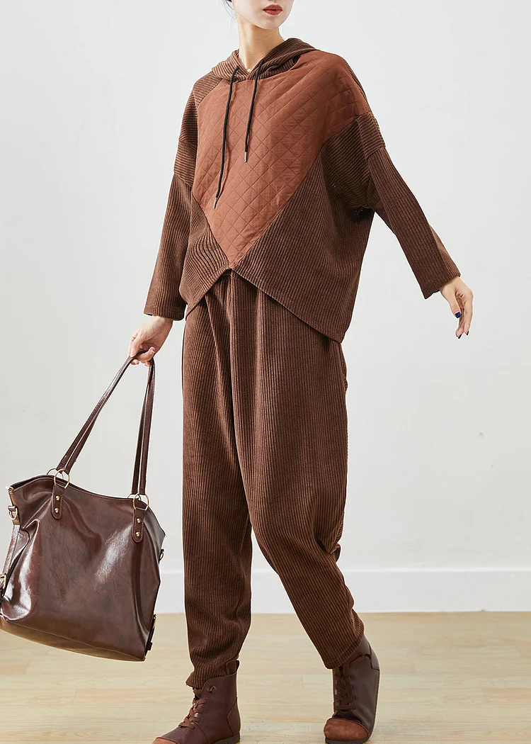 Chocolate Patchwork Corduroy Two Pieces Set Oversized Batwing Sleeve
