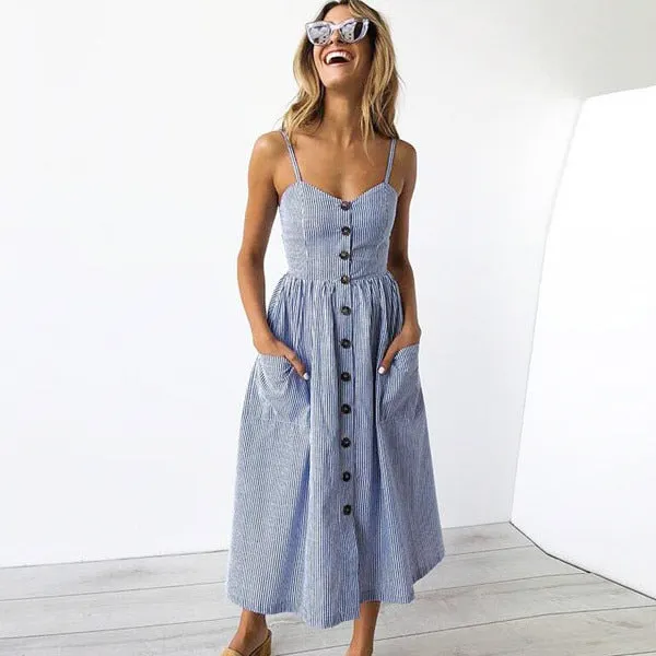 Casual Vintage Sundress Female Beach Dress Midi Button Backless Polka Dot Striped Women Dress Summer 2020Sexy Strap Floral Dress
