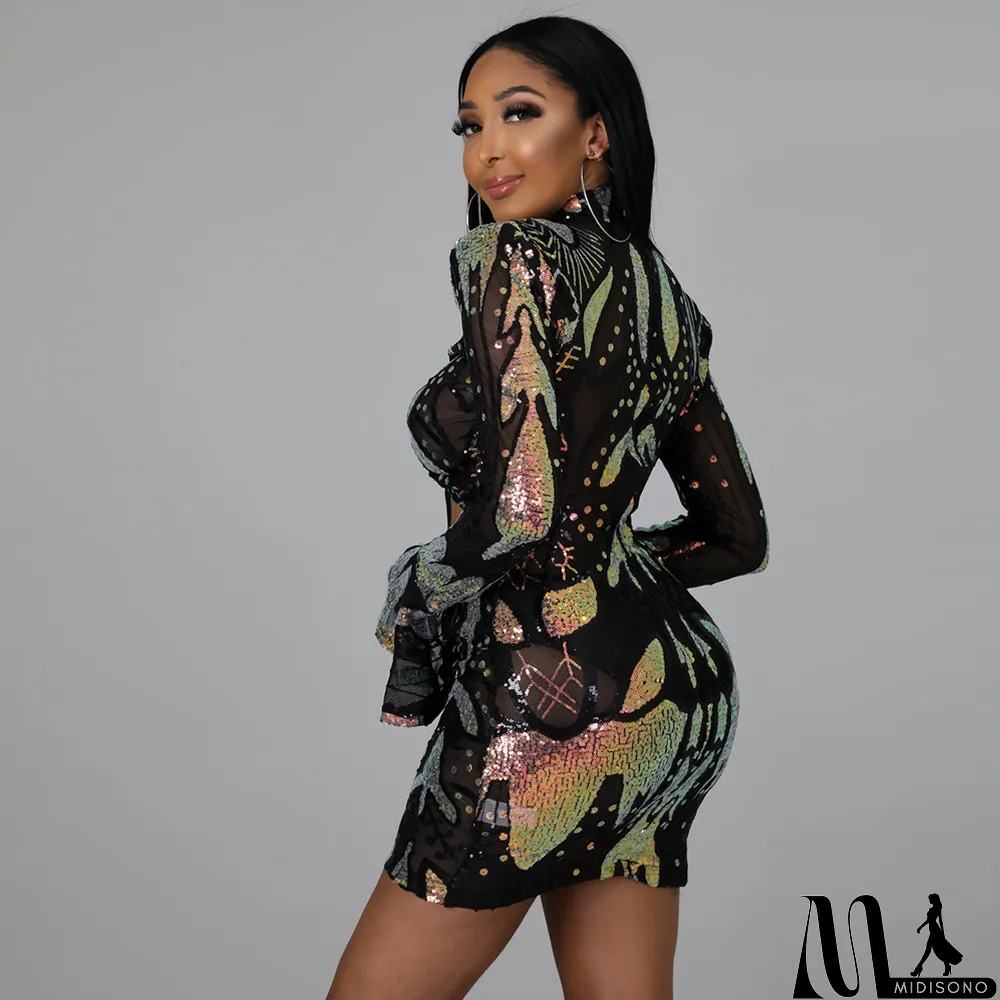 MidiSono - Sequin Lining Waist Hollow Sexy Nightclub Dress