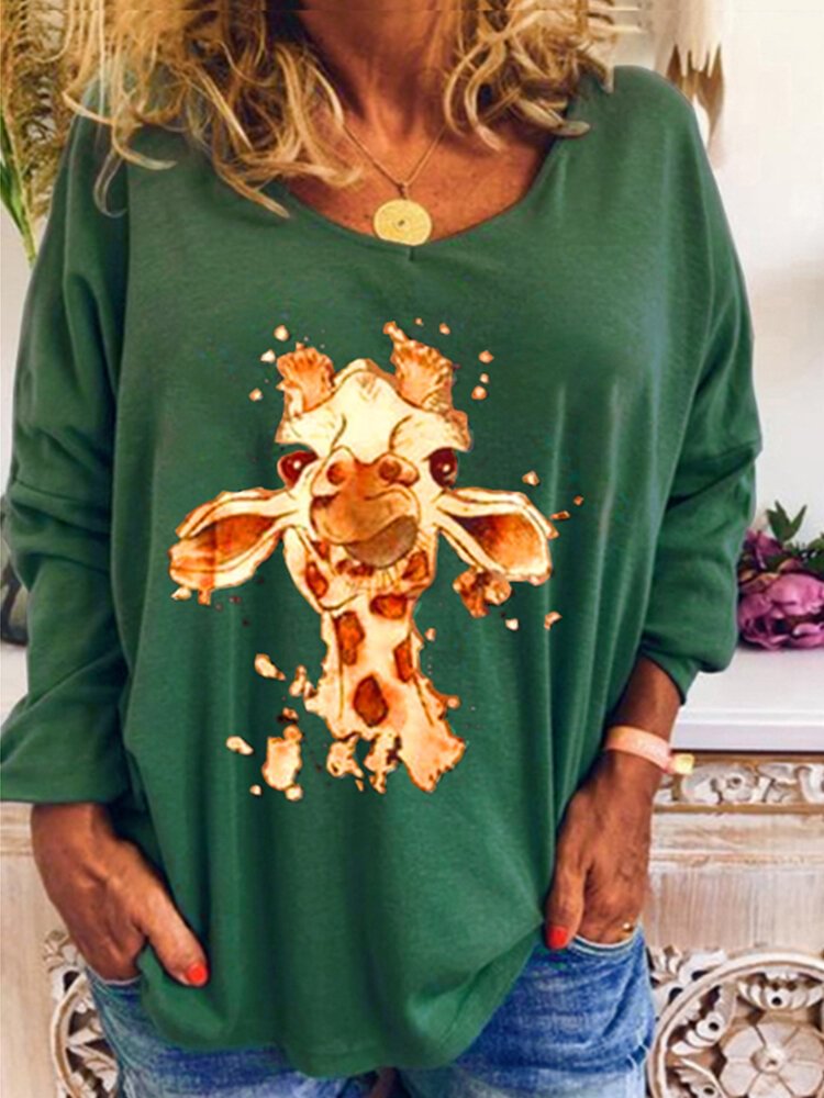 Cartoon Giraffe Print Long Sleeve Casual Blouse For Women P1725338