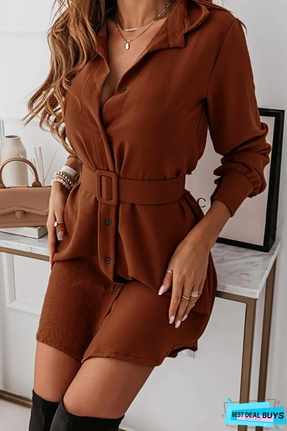 Casual Elegant Solid Buckle With Belt Turndown Collar Shirt Dress Dresses