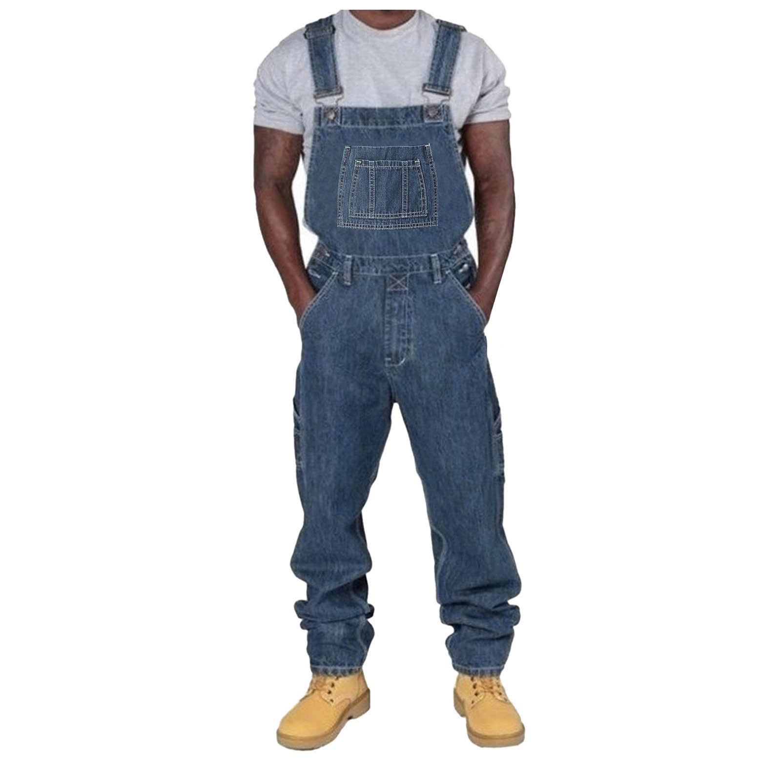 Tomroads Men'S Fashionable Pocket Denim Jumpsuit Tear Overalls Denim Suspender Trousers Breathable Straight Leg Sweatpants