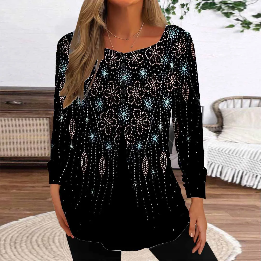 Women Graphic,Black DZGG8335 Long Sleeve Scoop Neck Printed Graphic Button Fake 2in1 Tops