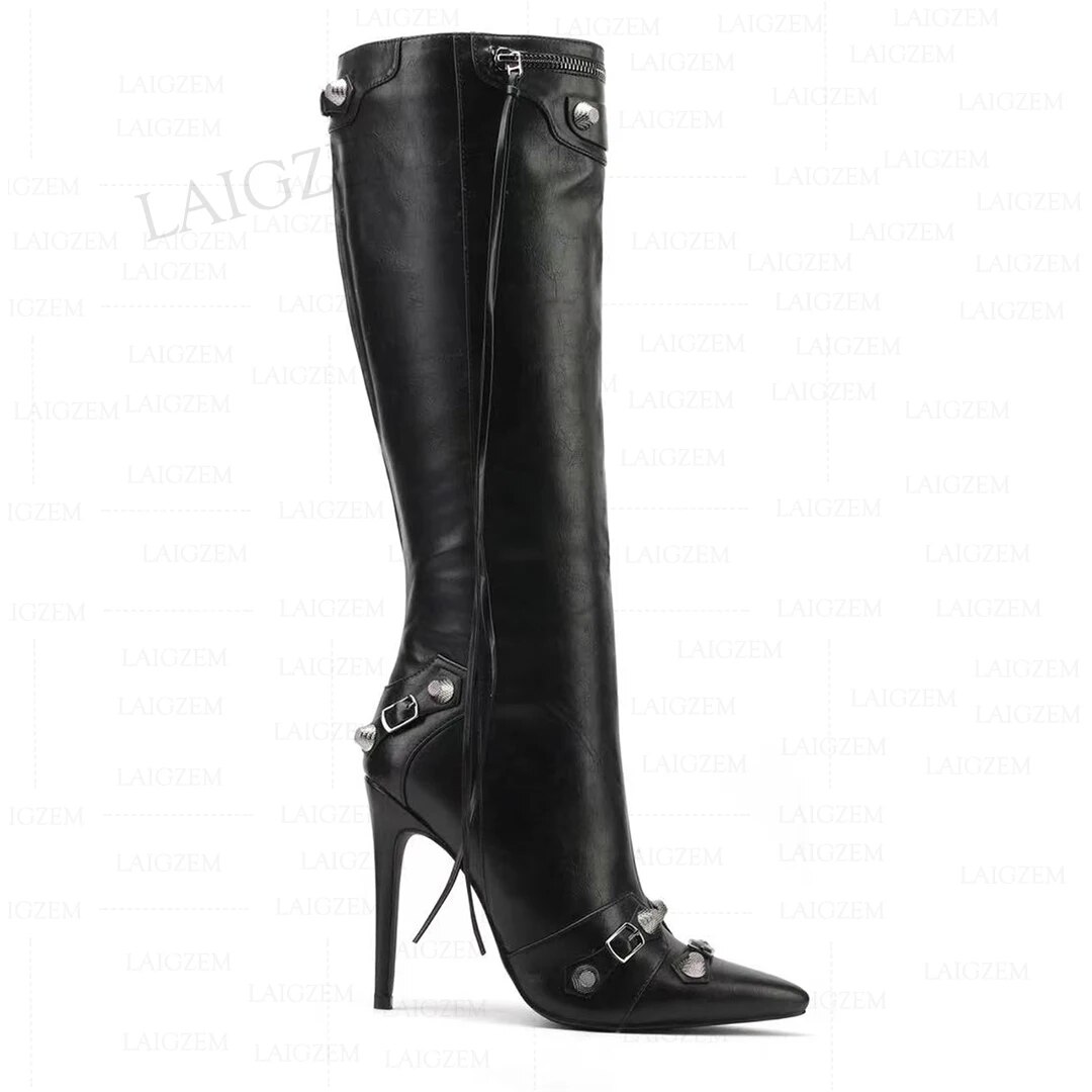 VCSHOES Women Knee High Boots Studs Full Side Zipper Stiletto High Heels Boots Tall Ladies Shoes Woman Big Size 35 39 42 43