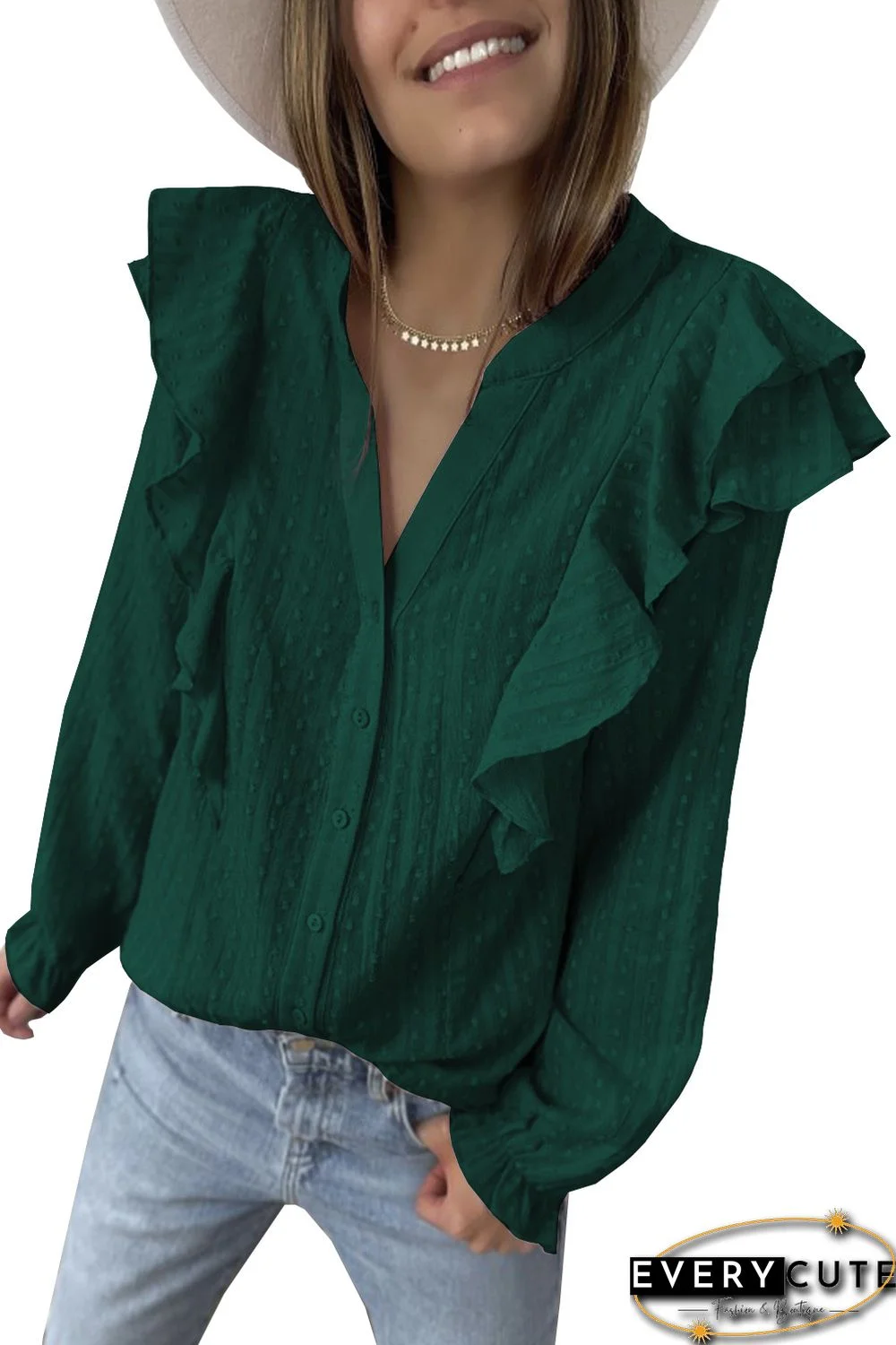 Green Dotted Texture Sheer Ruffles Bubble Sleeves Shirt