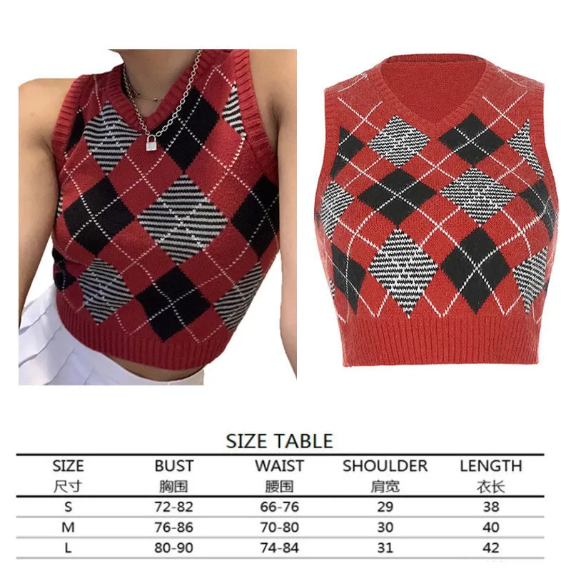 Argyle Sweater Vest Women  Black Sleeveless Plaid Knitted Crop Sweaters Casual Autumn Preppy Style 2020 tops V Neck Vintage