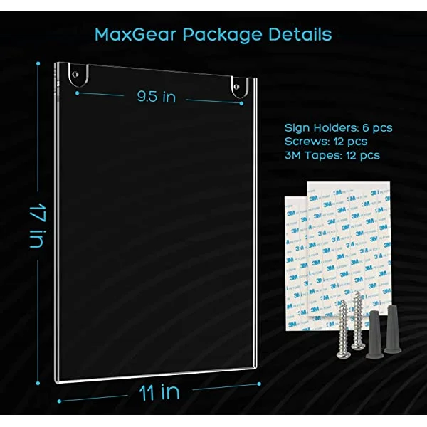 MaxGear Acrylic Sign Holder 11 X 17 Wall Mount Sign Holder Clear Plastic  Picture Frames Portrait Style with 3M Tape Adhesive and Screws for Office,  Home, Store, Restaurant Vertical, Pack 11x17''Portrait 6Pack