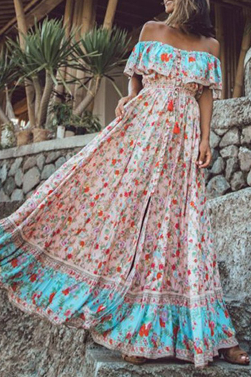 Casual Sweet Floral Flounce Off the Shoulder Dresses