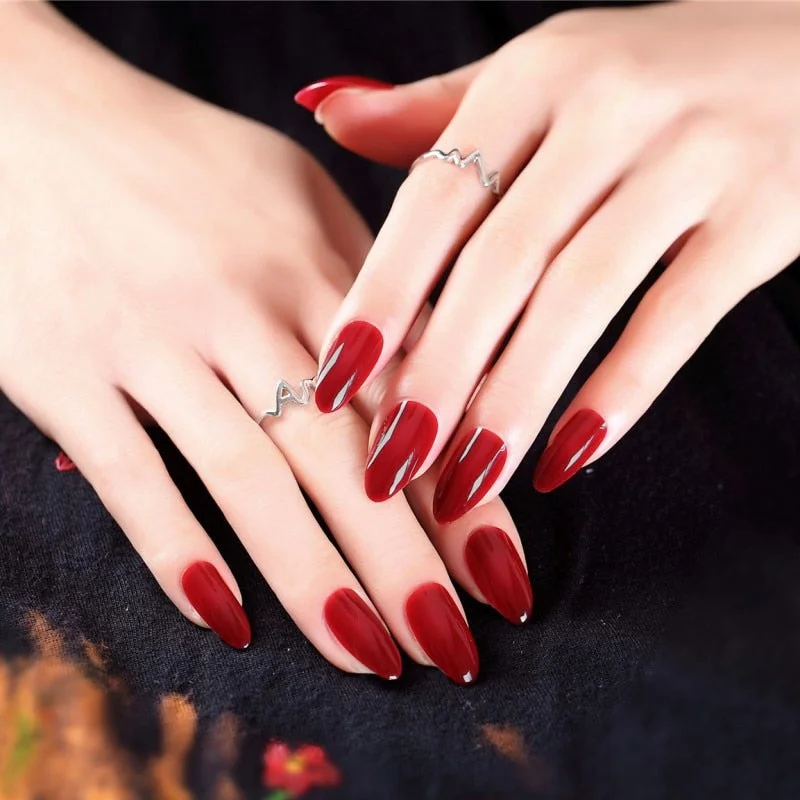 24Pcs Charming Fake False Nails Tips Wine Red Pointed Head Full Cover Nail Tips Long Style Nude Artificial Flase Nails with Glue-Nail Inspo