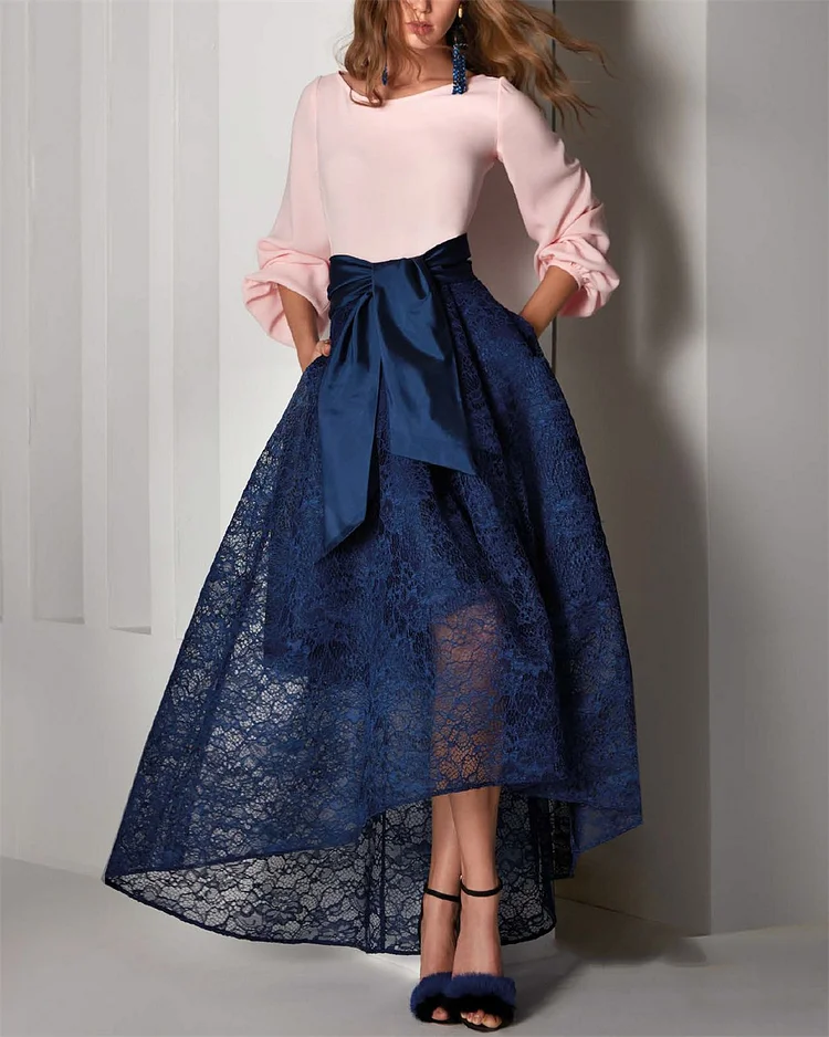 Elegant Round Neck Spliced Lace Dress