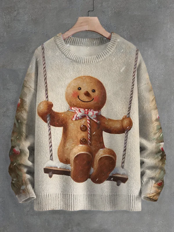 Men's Cute Gingerbread Man On A Swing Print Knit Sweatshirt