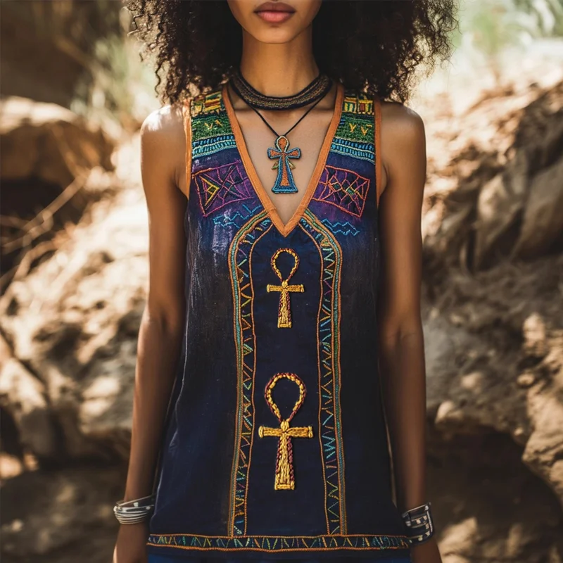 Ancient Egyptian Ankh Embroidered Linen Tank Top