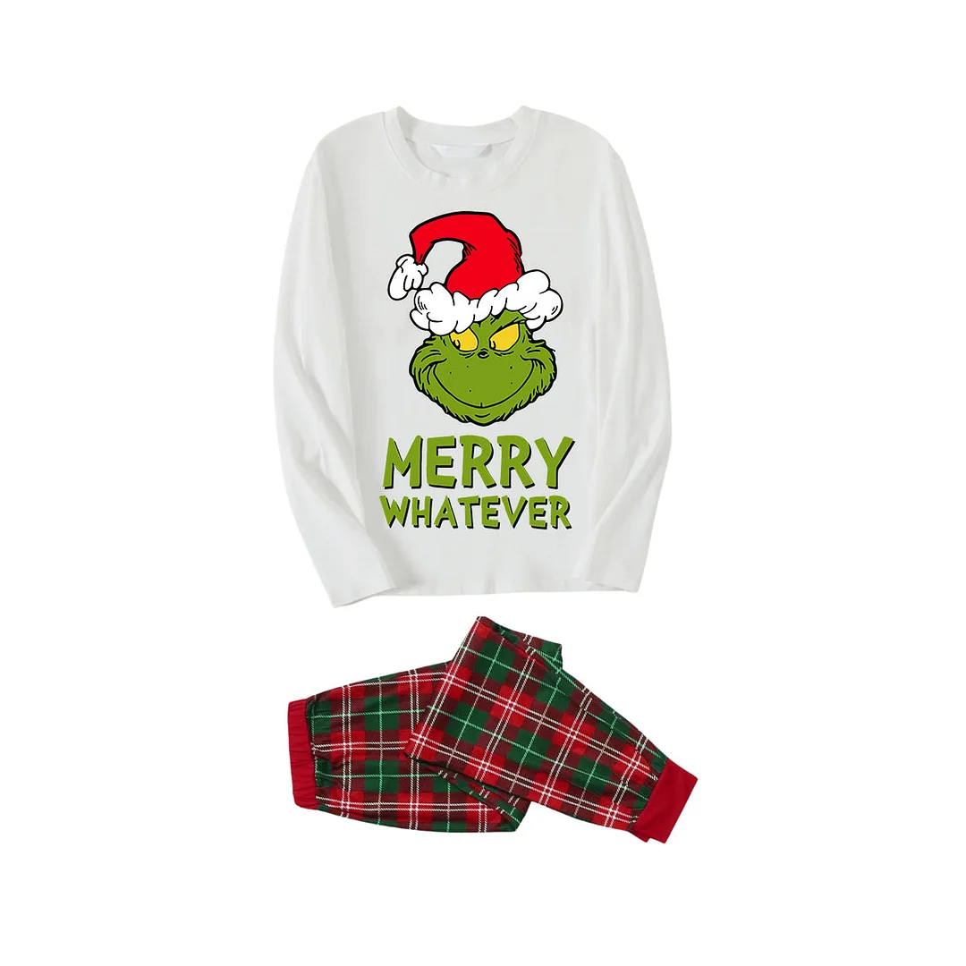Wear Santa Hat Green Elf Cartoon Pattern "Merry Christmas" Lettering Prints Contrast White Long Sleeve with Red and Green Plaid Pants Family Matching Pajamas
