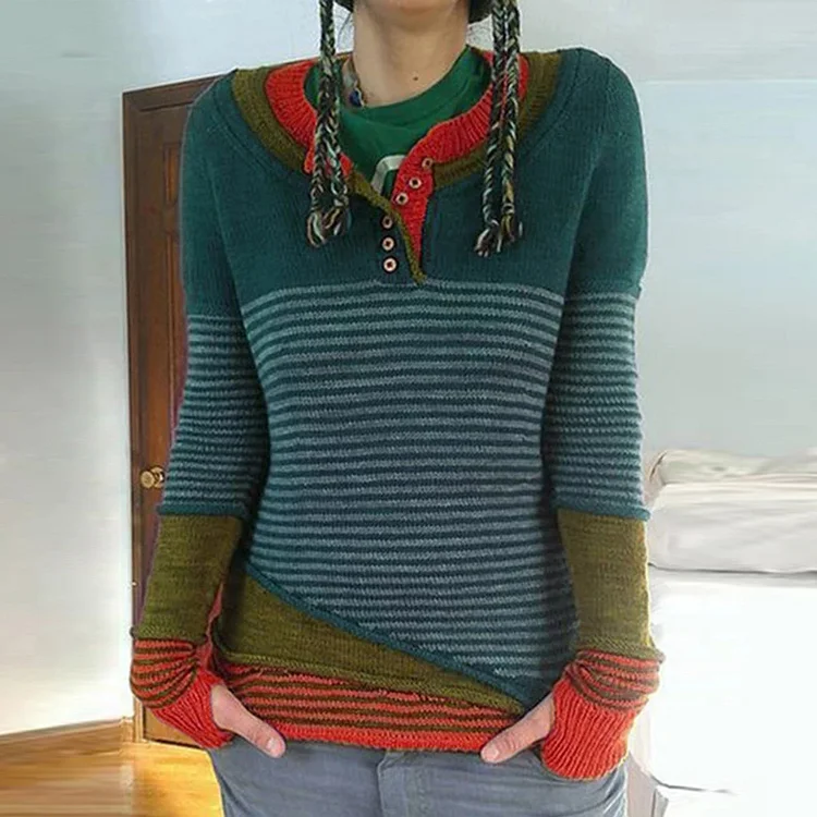 Vintage Striped Colorblock Single Breasted Sweater