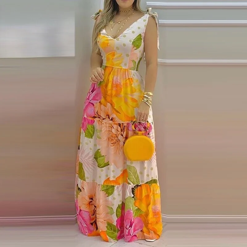 Women's Elegant Floral Print Sleeveless V-neck Dress Maxi Summer Holiday Dress Dresses Length Sleeve Style Sleeve Length(cm) Age