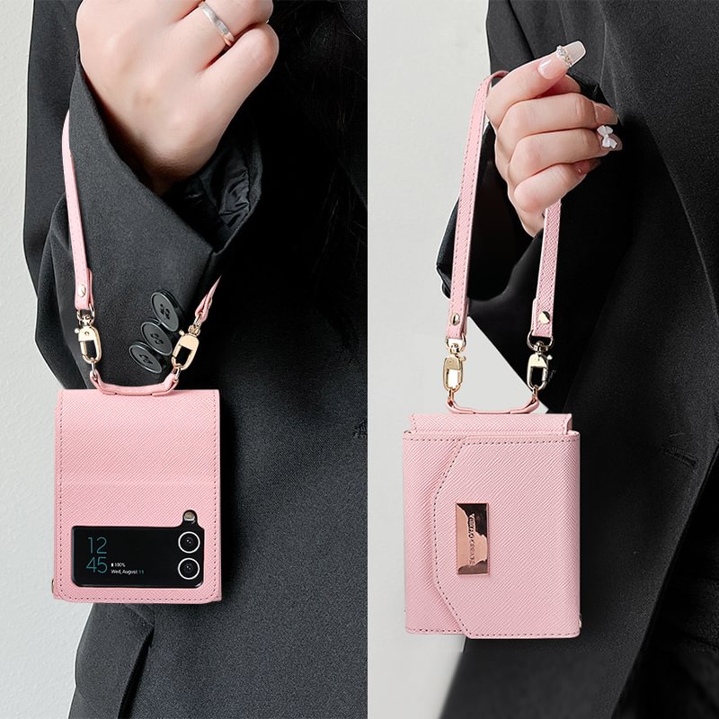 2022 Fashion Travel Leather Trifold Wallet All-inclusive Soft Case With Lanyard For Samsung Galaxy Z Flip3 Flip4