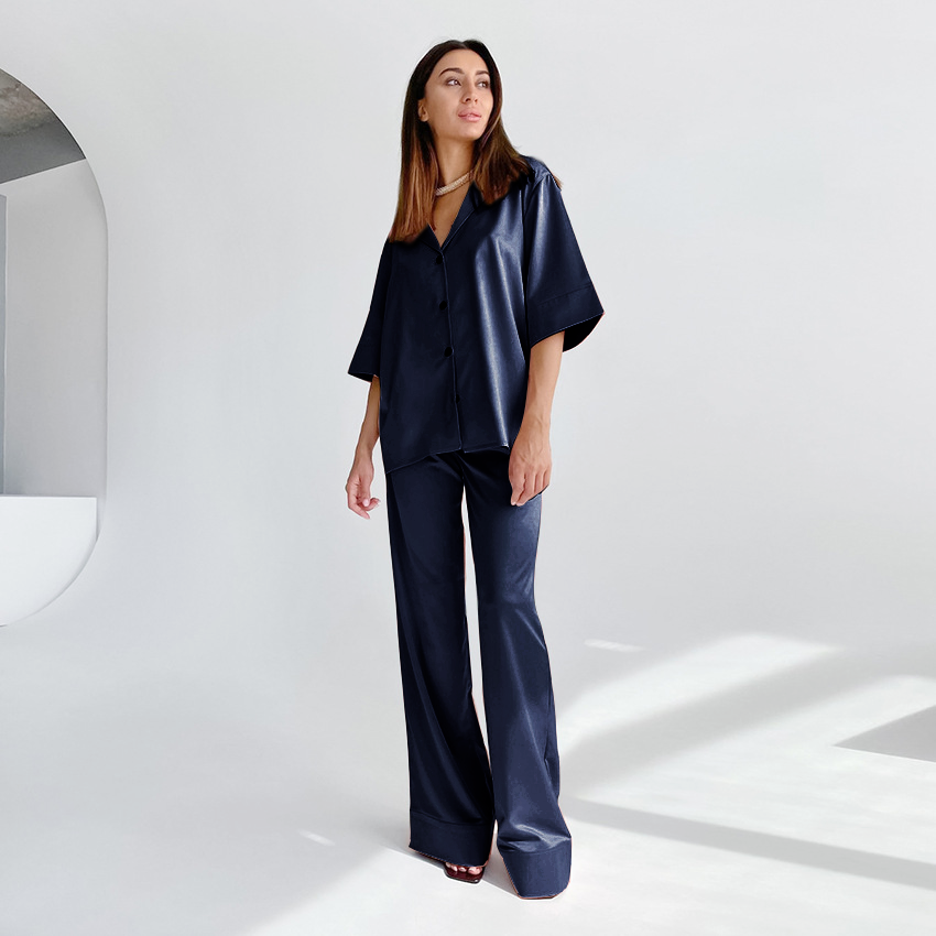 22 Momme Two Pieces Women's Silk Pajamas Blue Silk Pajamas