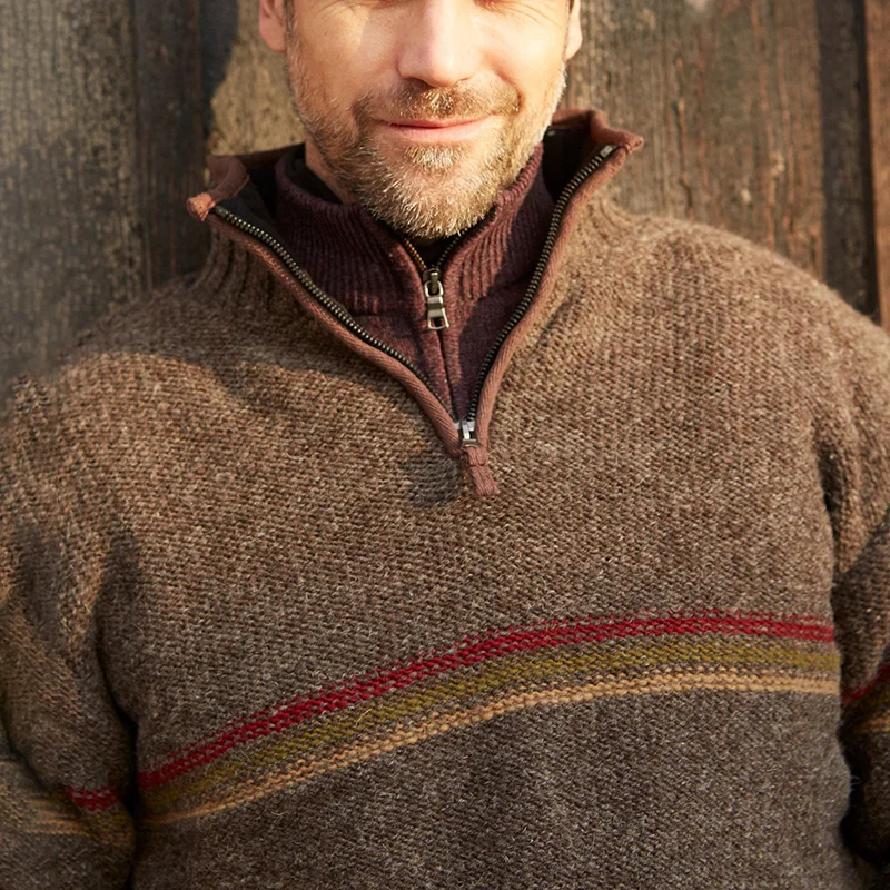 Vintage Warmth Chest Stripes Knit Jacquard Icelandic Half Zip Collar Sweater（Unisex ）