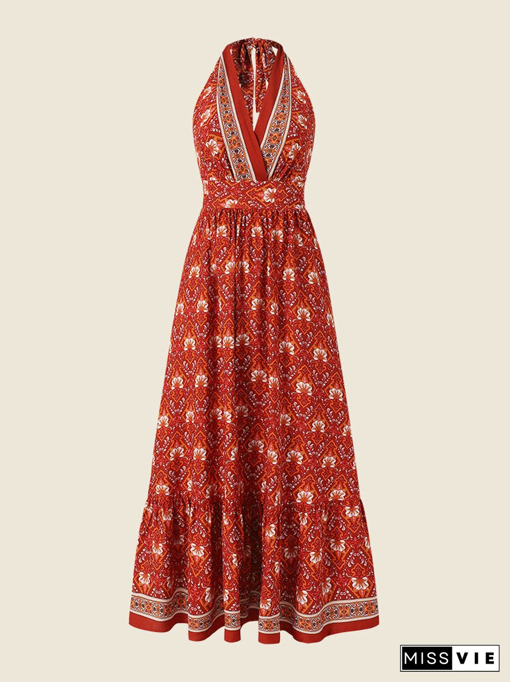 Bohemian Flower Self Tie Halter Open Back Bow Maxi Swing Dress