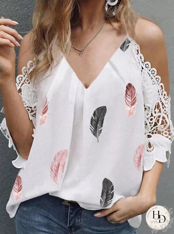 Casual Feather Print V-neck Lace Off-the-shoulder Top for Women