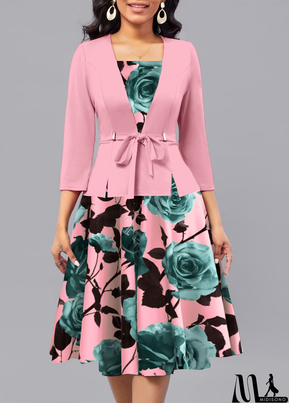 MidiSono - Pink Patchwork Floral Print 3/4 Sleeve Square Neck Dress