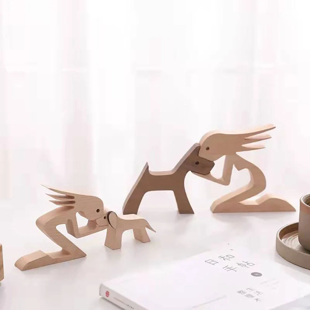 Purexcellent&trade; Creative simple man and puppy home desktop wooden carving ornament