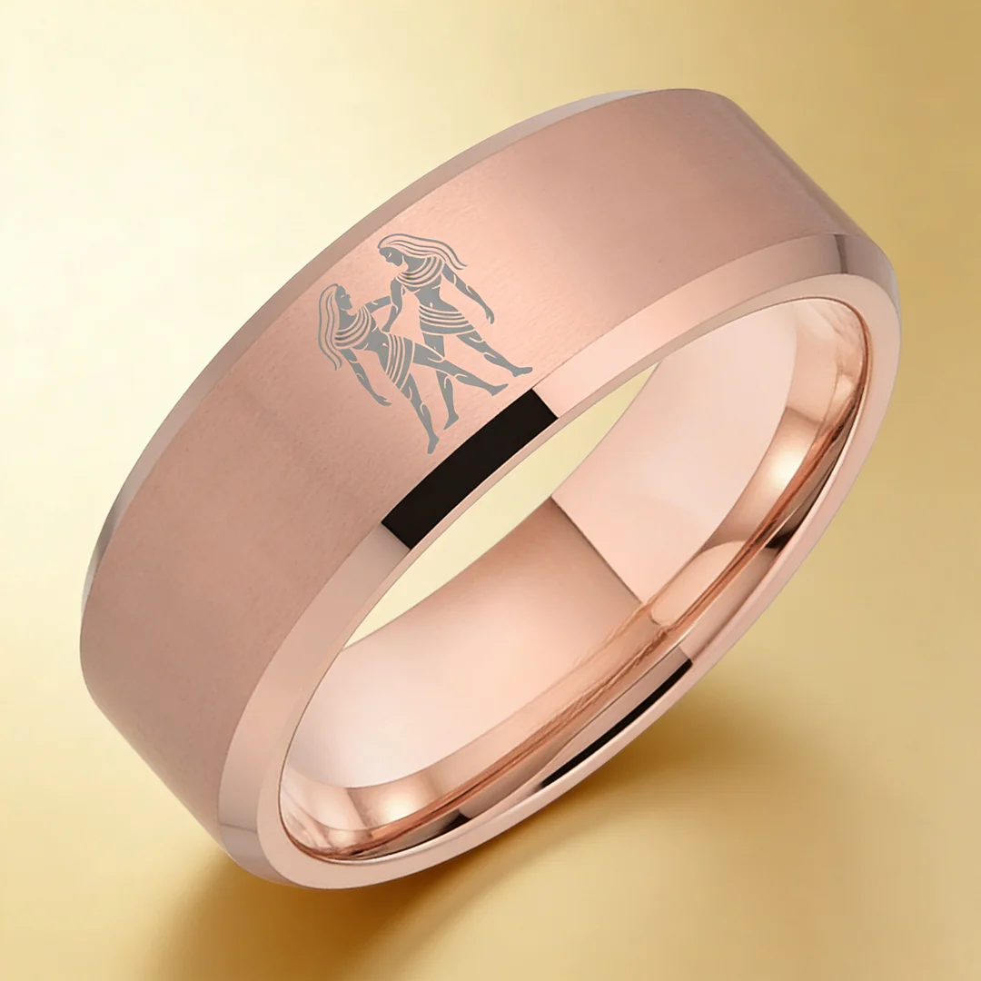 Rose Gold Gemini Tungsten Carbide Rings Beveled Edges Rose Gold Laser Etched Couple Wedding Bands 4MM 6MM 8MM Width