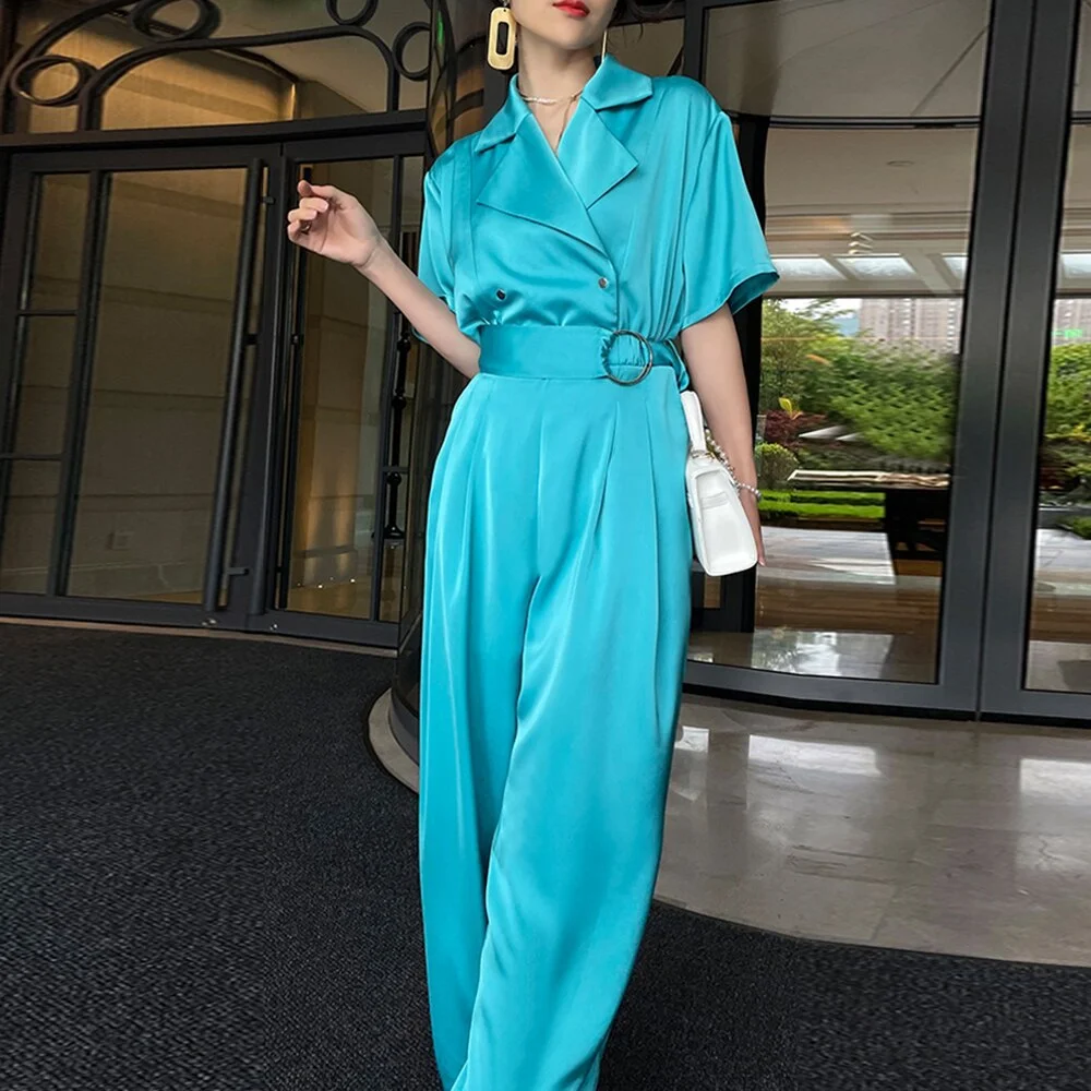 Ueong TWOTWINSTYLE Elegant Blue Jumpsuit For Women Notched Collar Long Sleeve High Waist Solid Jumpsuit Female Spring Clothing Style