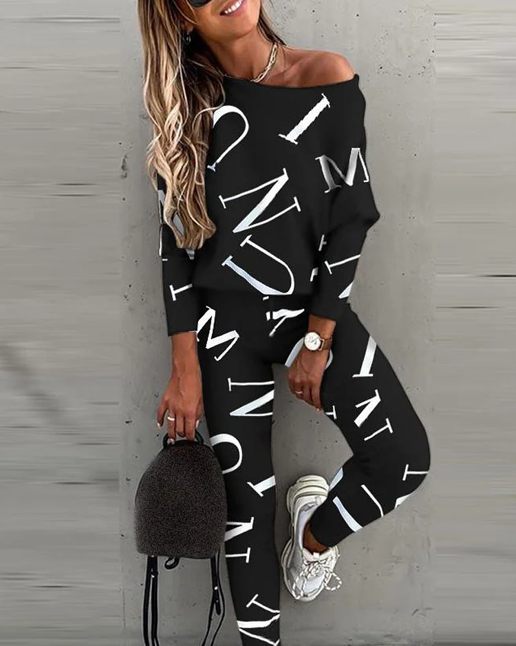Casual Letter Print Long Sleeve Top & Pants Two-Piece Set