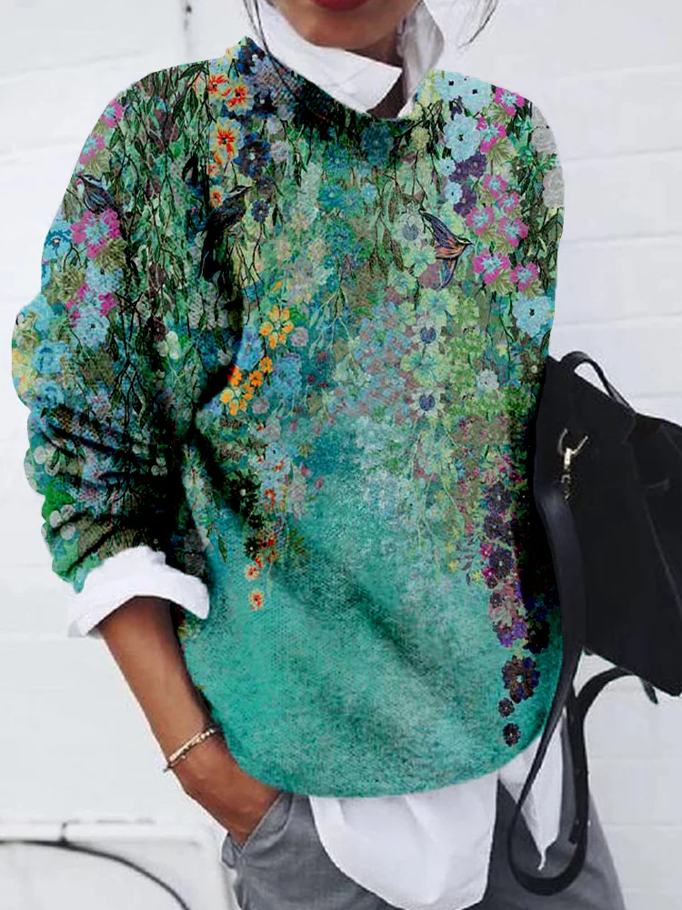 Elegant Floral Art Print Casual Comfy Sweater