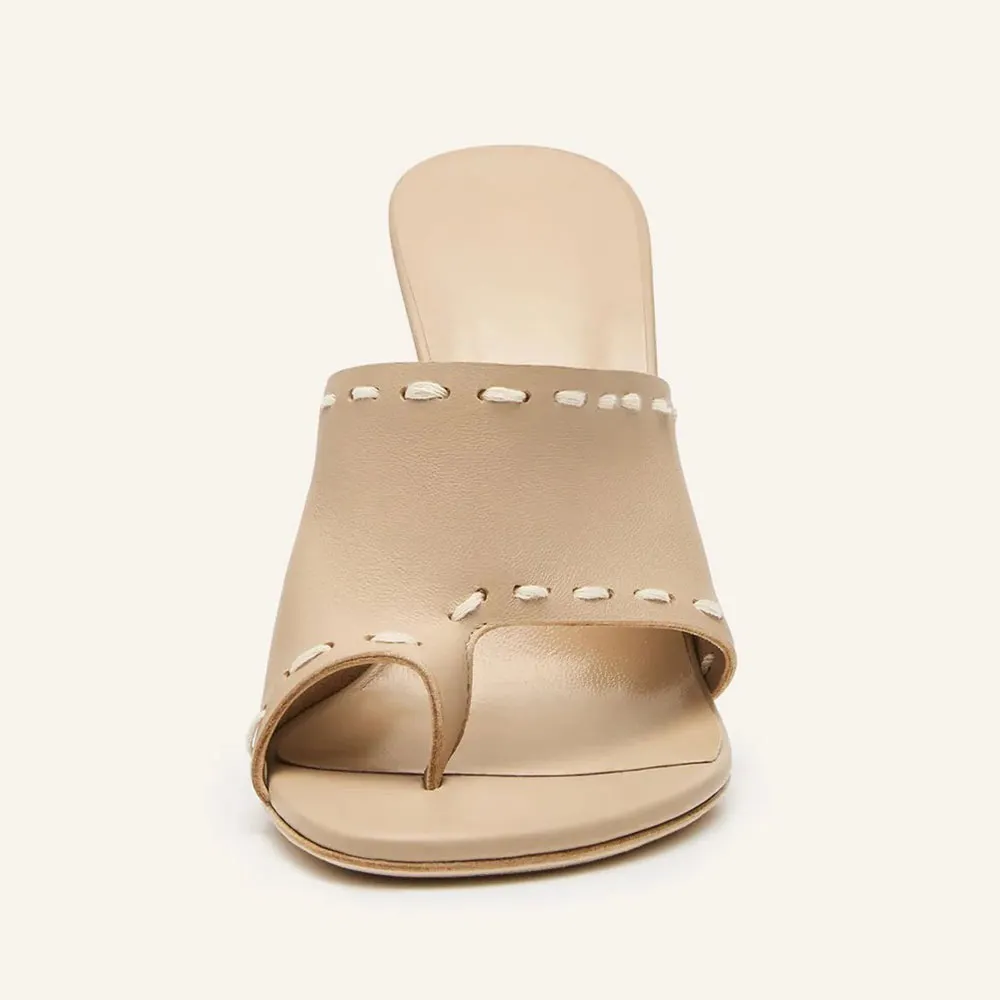 Fashion Nude Faux Leather Round Toe Flared Heel Slip On Mules Shoes