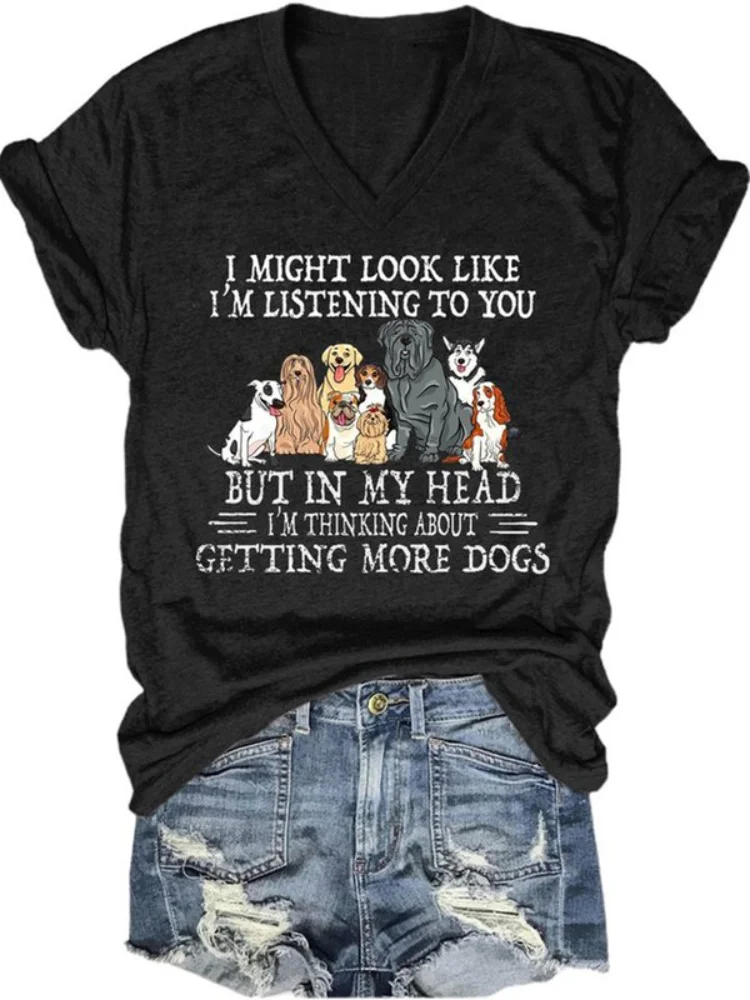 Vefave Funny Dog Lover Print V Neck Casual T Shirt