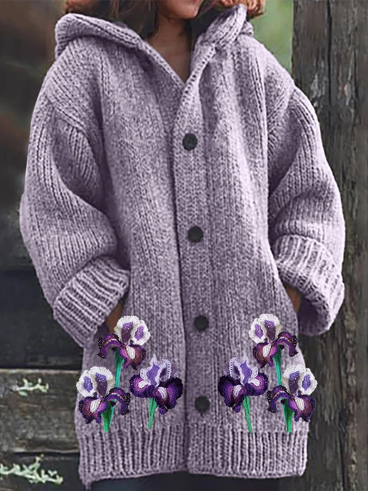VChics Classy Irises Crochet Art Cozy Knit Hooded Cardigan