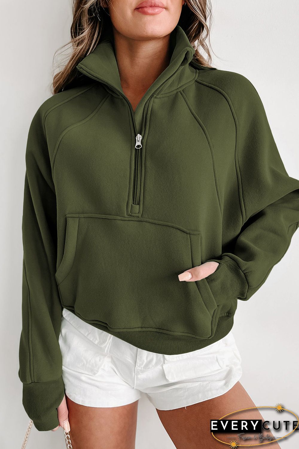 Green Zip Up Stand Collar Ribbed Thumbhole Sleeve Sweatshirt