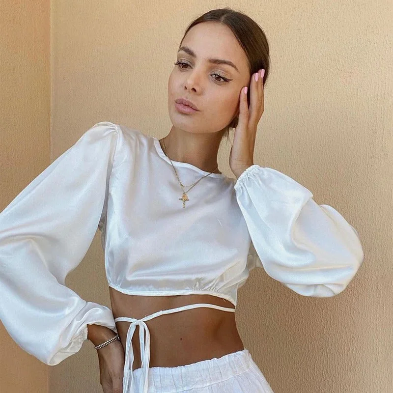 Chic Soft Backless Waist Tie Summer Fashion Long Sleeve Crop Tops
