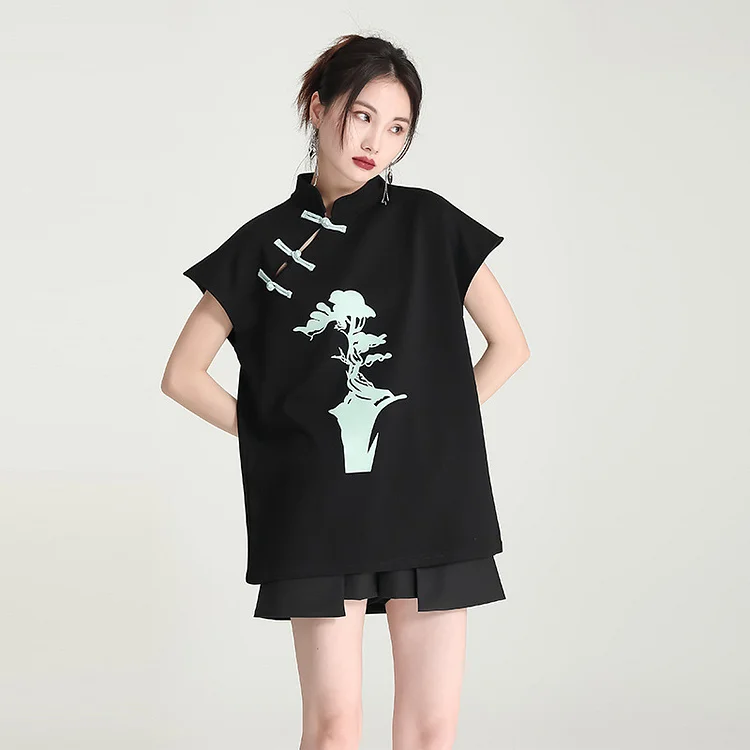Vintage Loose Cheongsam Print Short Sleeve Shirt - yankia