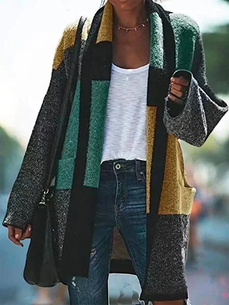 Color-block Boho Shawl Collar Patchwork Trench coat