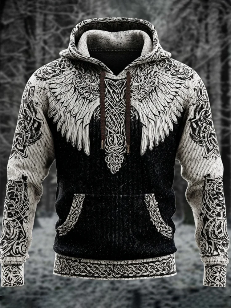 Men's Viking Wing Celtic Knot Print Distressed Hoodie Sweater