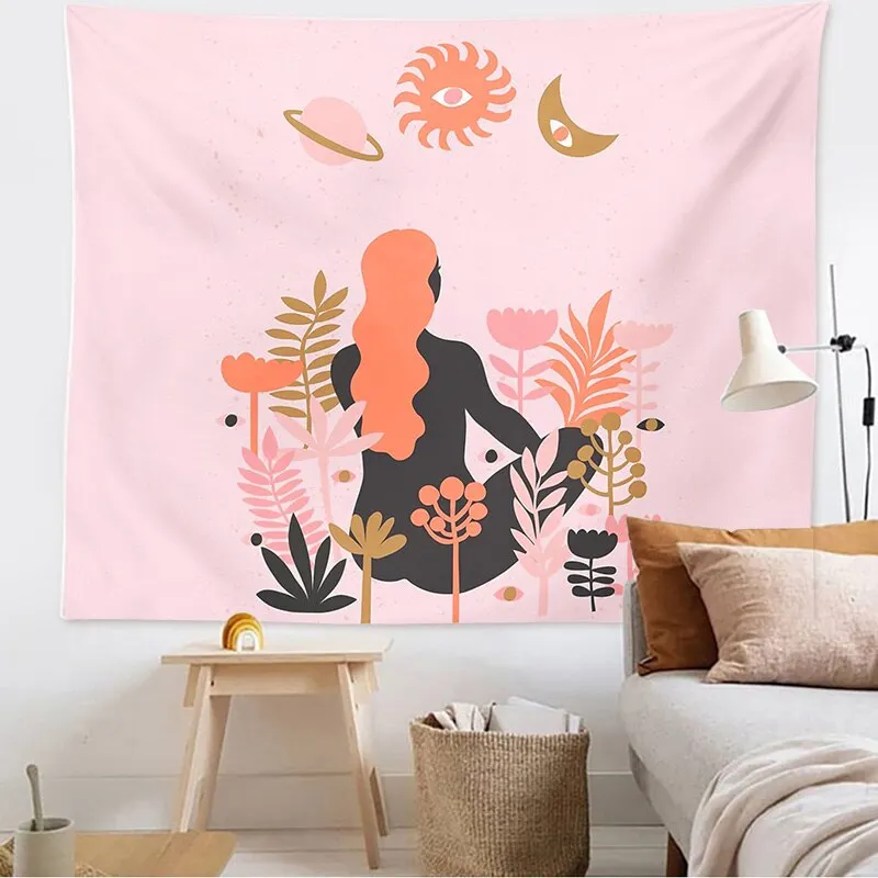 Abstract psychedelic tapestry Sun and moon flower woman tapestry  art decoration bedroom sofa background wall decoration cloth