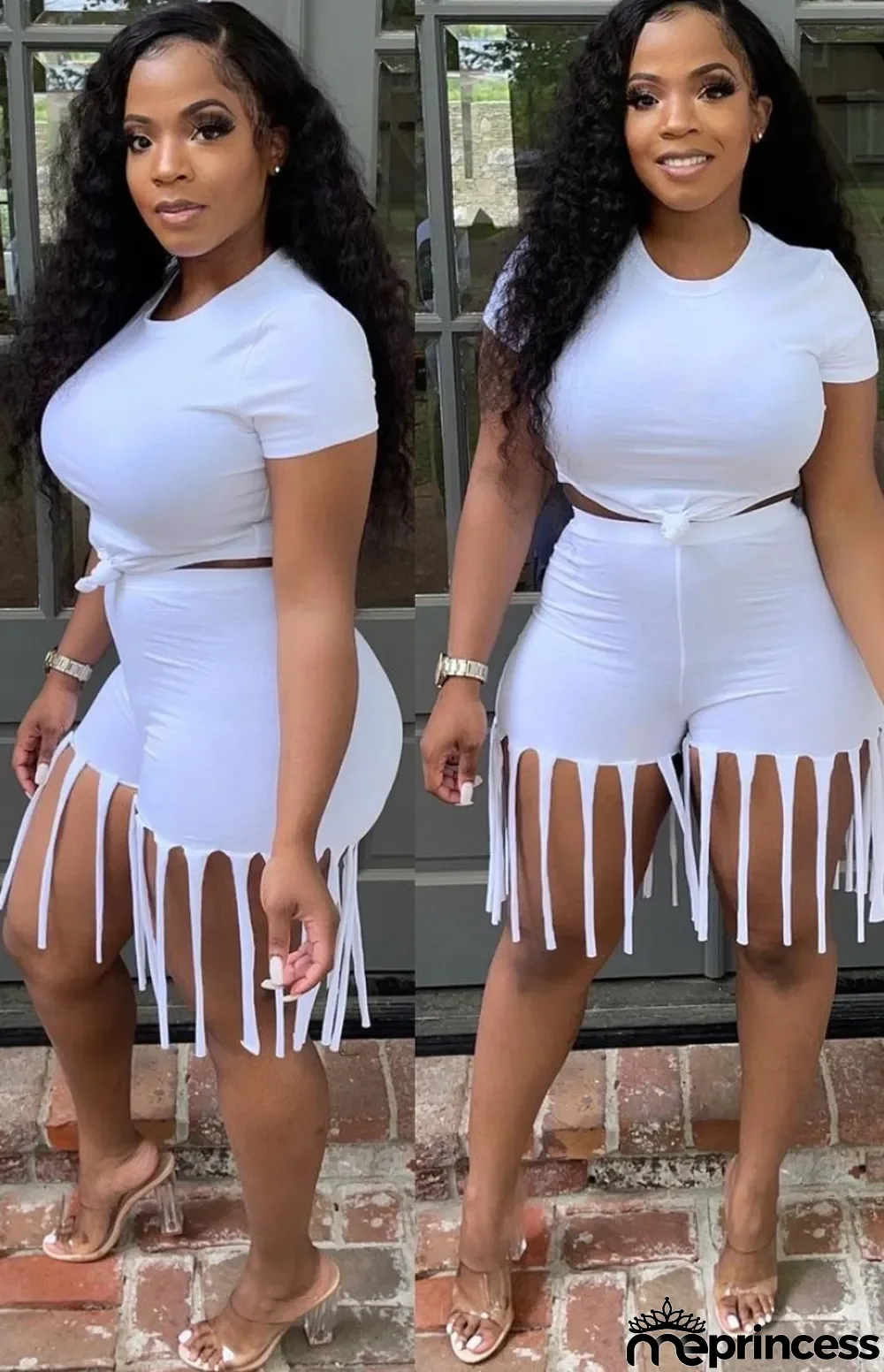 Summer White Sexy Crop Top and Fringe Shorts 2pc Matching Set