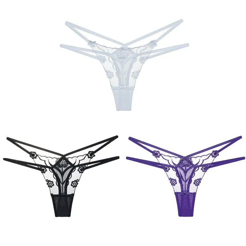 Sexy Lace Floral Thong Ladies Panties Embroidered Hollow Out Lingerie Female Temptation Mesh Perspective G-String 3pcs Underwear