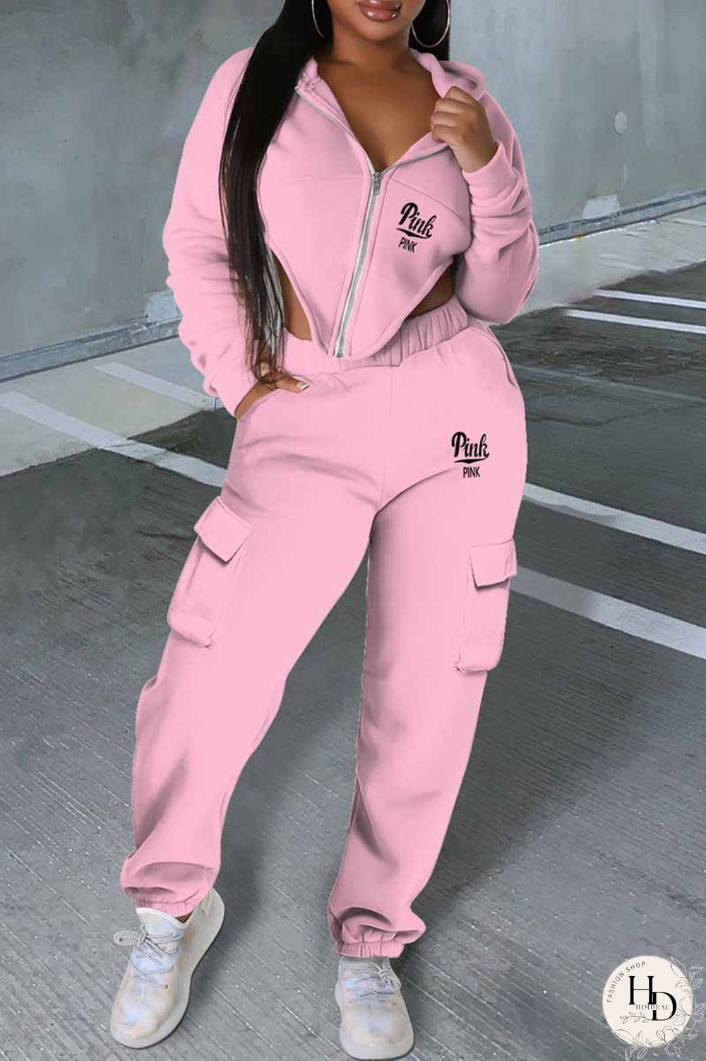 Brown Street Print Letter Asymmetrical Hooded Collar Long Sleeve Two Pieces