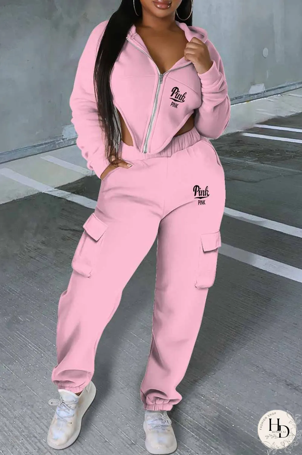 Brown Street Print Letter Asymmetrical Hooded Collar Long Sleeve Two Pieces