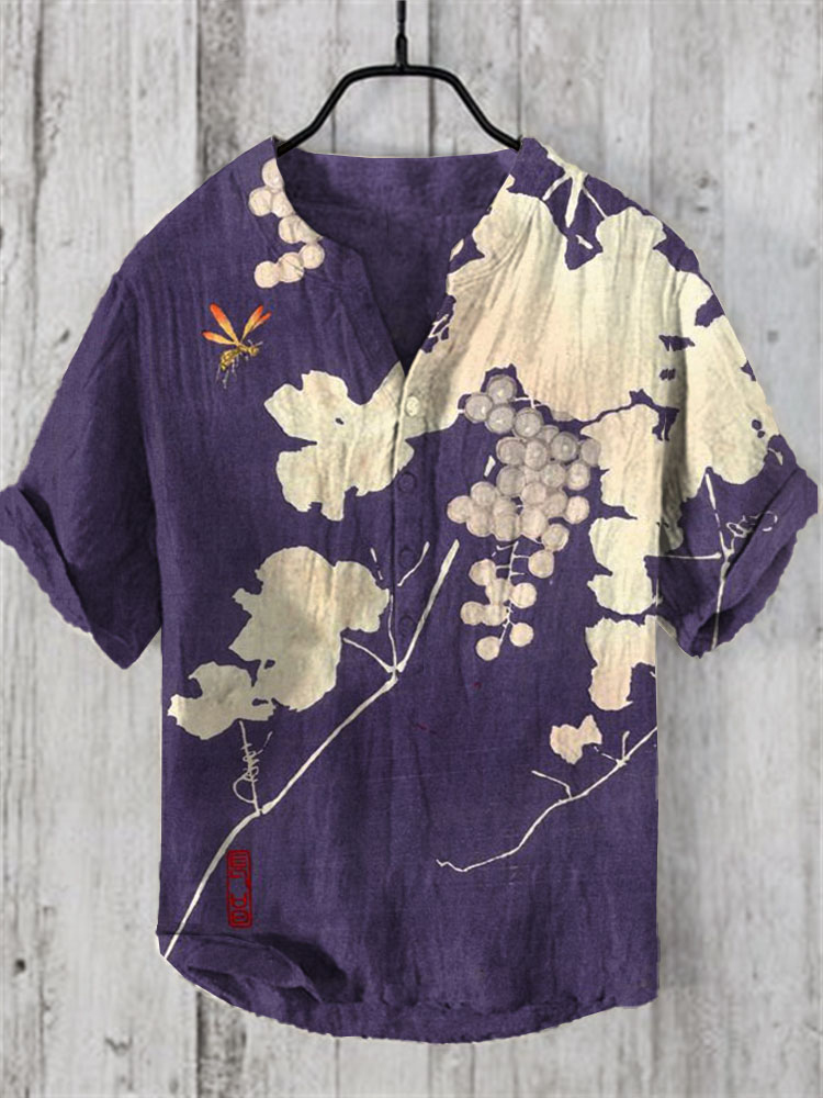 Comstylish Men's Vintage Japanese Art V Neck Casual Linen Blend Shirt